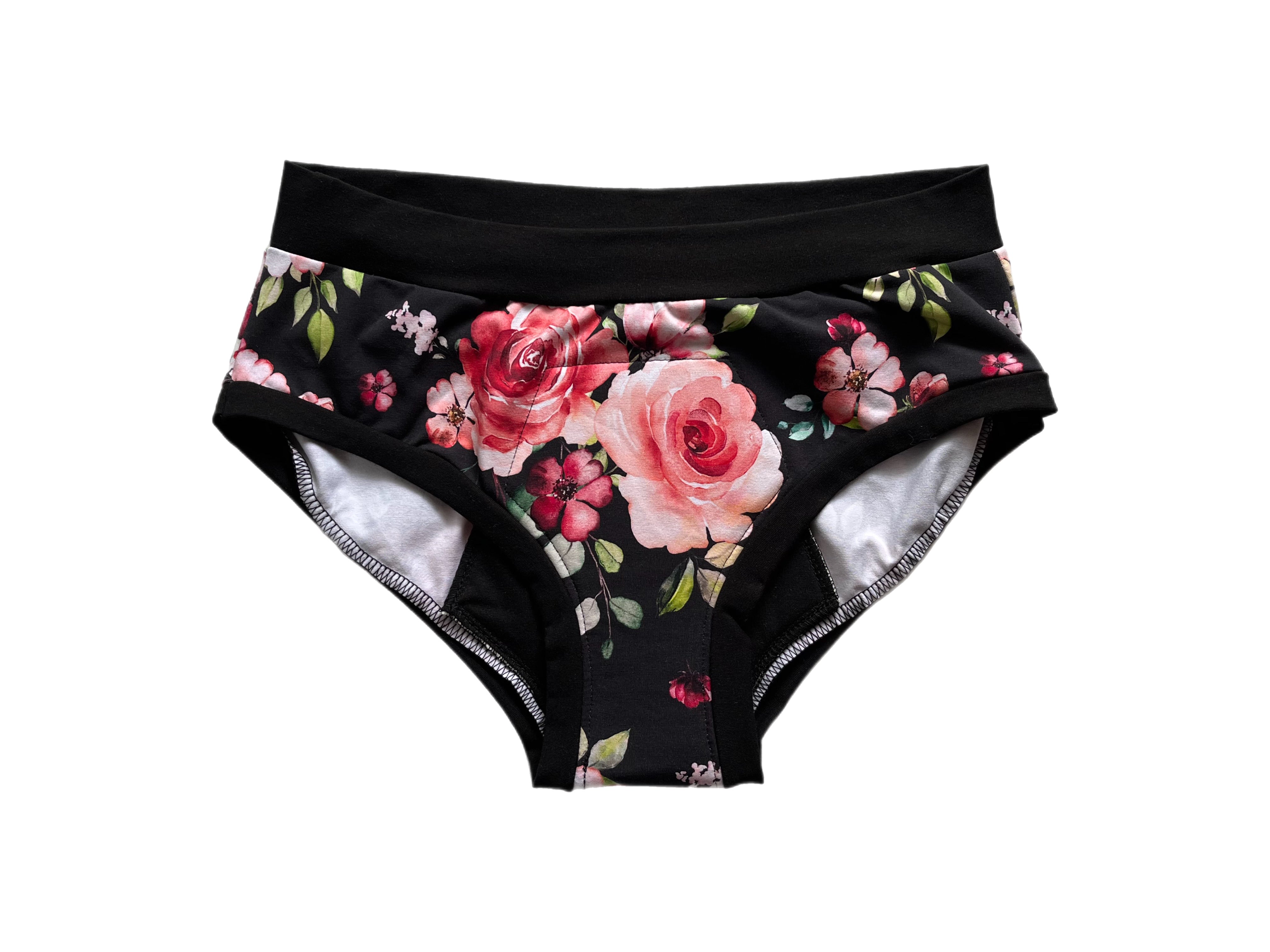 PRÊT À PARTIR Culotte menstruelle de nuit MÉDIUM - Fleurs roses fond noir